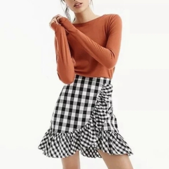 J. Crew Black And White Gingham Ruffle Skirt, Size 10 - Picture 1 of 10